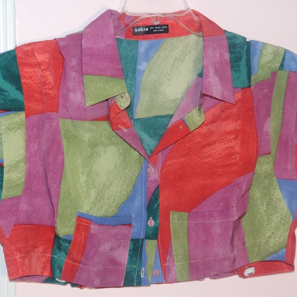 Drawstring Hem Button Up Colorblock Blouse - Picture 6 of 7